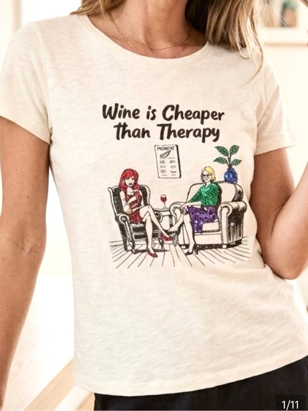 NWT Cyrus White Tee with Sequin Wine Therapy Embroidered Graphic. Size XS